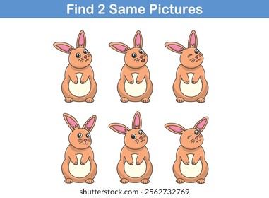 Funny cartoon rabbit. Find two same pictures. Educational game for children. Cartoon vector illustration