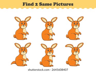 Funny cartoon rabbit. Find two same pictures. Educational game for children. Cartoon vector illustration