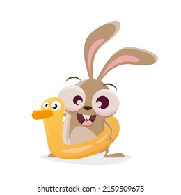 conejo de dibujos animados divertidos con pato flotante