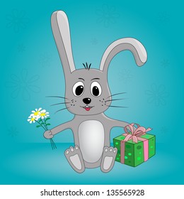  Funny cartoon rabbit with flowers and gifts on green background in vector