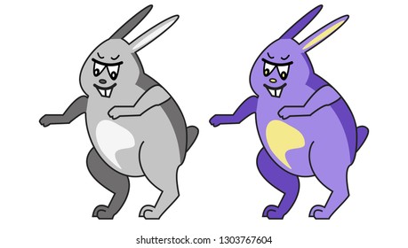 Funny cartoon rabbit or hare icon in grey and violet colours. Hand drawn vector illustration. Isolated art character easy editable.