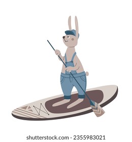 Funny cartoon rabbit in jeans overalls on a sup board isolated on a white background. Vector illustration with cute animal.