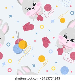 A funny cartoon rabbit knits a fleece on knitting needles. Rabbit is a favorite thing. Asterisks. circles. Printing on children s fabrics, greeting cards, posters. Hand drawn vector illustration.