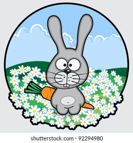 funny cartoon rabbit on chamomile field