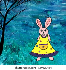 Funny cartoon rabbit on hand painted acrylic background