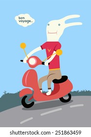 Funny cartoon rabbit riding a scooter. Vector illustration.