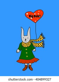 Funny cartoon rabbit with sale banner on blue background. 