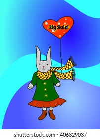 Funny cartoon rabbit with sale banner on abstract colorful background.