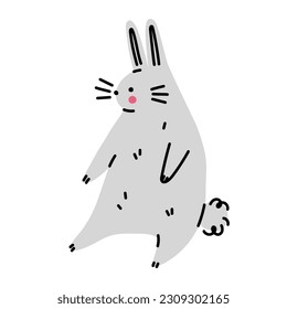 Funny cartoon rabbit. Simple gray hare. Easter bunny sitting. Flat vector illustration.