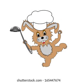 A funny cartoon rabbit wearing a chef hat and with a soup ladle in its hand. Vector-art illustration on a white background