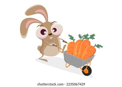 funny cartoon rabbit with wheelbarrow full of carrots