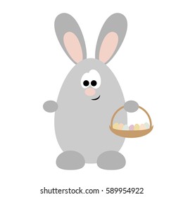 Funny cartoon rabbit, who holds in his paws a basket with eggs