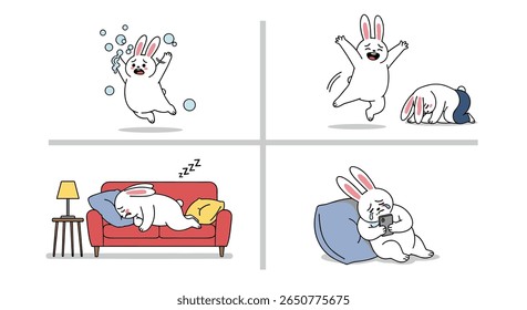Funny cartoon rabbits experiencing various emotions and activities throughout the day