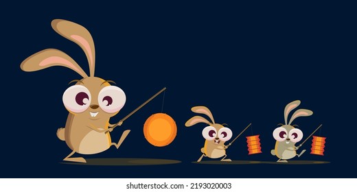 funny cartoon rabbits walking with a lantern
