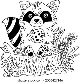 Funny cartoon raccoon with cookie. Hand drawn doodle outline art. Children coloring book.