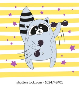Funny cartoon raccoon exercising with dumbbells. Vector illustration.