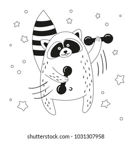 Funny cartoon raccoon exercising with dumbbells. Black and white vector illustration.