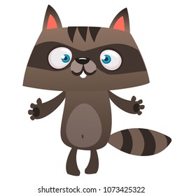 Funny cartoon raccoon giving a hug. Vector illustration of small raccoon character mascot isolated.  Design for print or children book illustration
