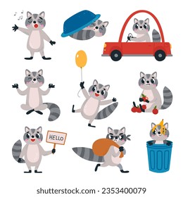 Funny cartoon raccoon set. Raccoons in diverse poses, cute flat woodland animals. Small playing wild animal, classy vector childish characters