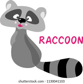 Funny cartoon raccoon with a striped tail. Raccoon child smiling.