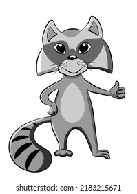 Funny cartoon raccoon with thumb up gesture. Vector illustration isolated on white.