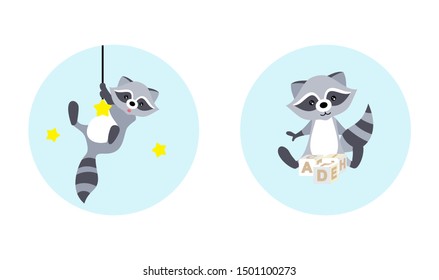 Funny cartoon raccoons on a blue background. Illustrations for children. Posters for the children's room. Cards for child development.