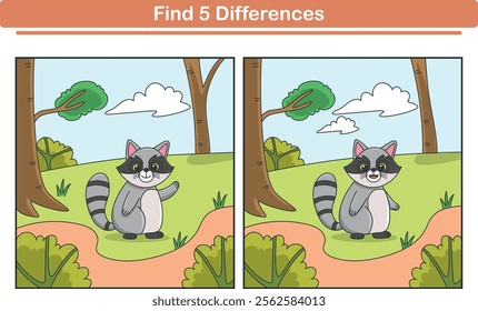 Funny cartoon racoon. Find 5 differences. Kids Education games. Cartoon vector illustration