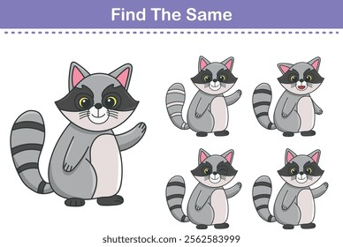 Funny cartoon racoon. Find same pictures. Educational game for children. Cartoon vector illustration