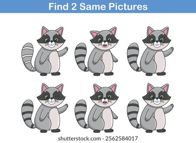 Funny cartoon racoon. Find two same pictures. Educational game for children. Cartoon vector illustration