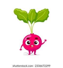 Funny cartoon radish. Kawaii vegetable. Vector food illustration isolated on white background.