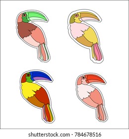 Funny cartoon Rainbow Toucan bird with Golden wings. Bright bird parrot.