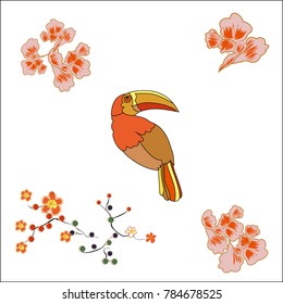 Funny cartoon Rainbow Toucan bird with Golden wings. Bright bird parrot.