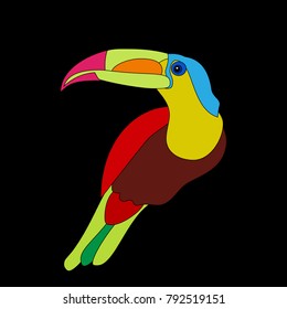 Funny cartoon Rainbow Toucan bird with Golden wings. Bright bird parrot.