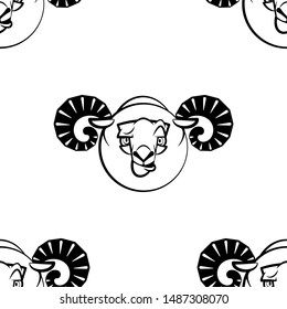 Funny cartoon ram character. Seamless pattern. Design template for wallpaper,wrapping, textile. Black-white animal head. Vector Illustration Funny cartoon ram character. Seamless pattern. Design template for wallpaper,wrapping, textile. Black-white animal head. Vector Illustration