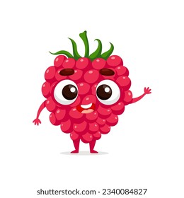 Funny cartoon raspberry. Kawaii berry character. Vector food illustration isolated on white background.