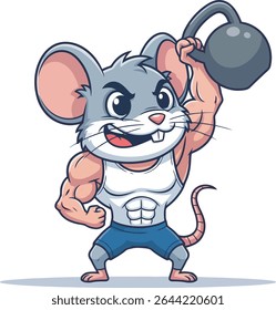 Funny cartoon rat with big muscles lifting a dumbbell. Great for gym mascot, motivational vector, or fitness humor design.