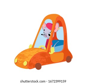 Funny cartoon rat in car. Vector illustration for t-shirt prints, children books, greeting cards, posters, stickers or decor