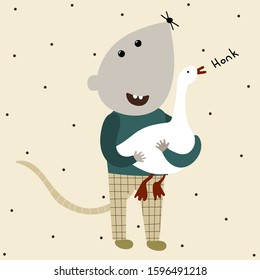 Funny  cartoon rat holding a goose. Childish print for nursery,  apparel, poster, postcard and child's room, t-short and ect.