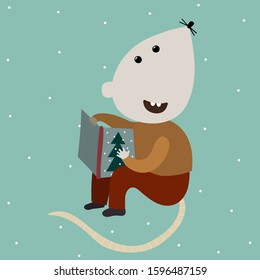 Funny  cartoon rat holding a  new year's postcard. Cute illustration for Christmas and New Year printing on the mug, posters, gift tags and labels.