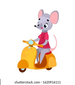 Funny cartoon rat on a vintage scooter. Vector illustration for t-shirt prints, greeting cards, posters, stickers or decor