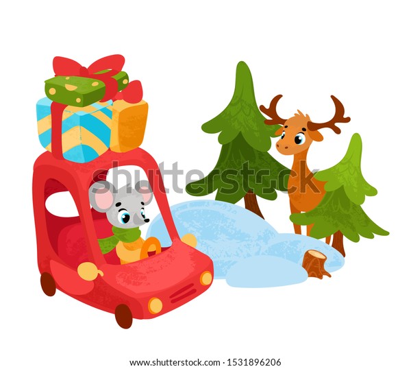 Funny cartoon rat in a\
red car with gift box. Christmas card. Winter holidays. Vector\
illustration in children\'s style, for children\'s books, posters,\
postcard, stickers