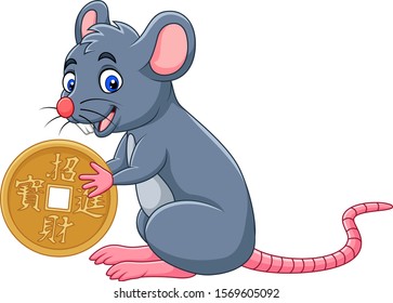 Funny cartoon Rat as symbol of new year 2020 holding gold coin. Chinese translation : Happy chinese new year