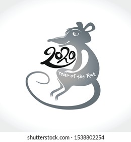 Funny cartoon rat. Vector template with the inscription 2020 and Rat. Year of the rat 2020 logo design. New Year on the Chinese calendar.