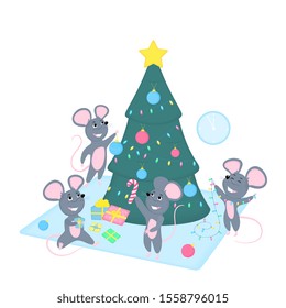 Funny cartoon rats decorate the Christmas tree. Preparation for the 2020 Chinese New year. Cute smiling mice with gifts, garland, holiday balls. Greeting card for winter celebrations.