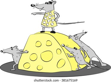 Funny cartoon rats gung stealing a piece of cheese. Vector illustration.