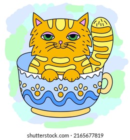 Funny cartoon red cat sits in a cup. Doodle style.For the design of prints, posters, stickers, badges, cups, t-shirts. Vector