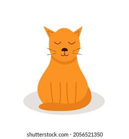 Funny cartoon red cat is sitting with his eyes closed with pleasure. Vector illustration of a pet