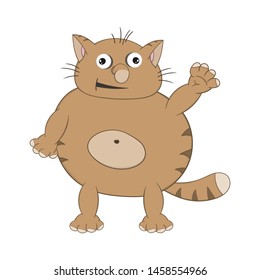 Funny cartoon red cat is standing, smiling and waving his paw.