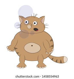 Funny cartoon red cat stands, hiccups and lets bubbles out of his mouth.