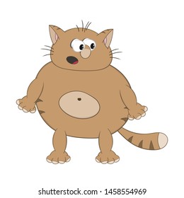 Funny cartoon red cat stands and looks surprised.
